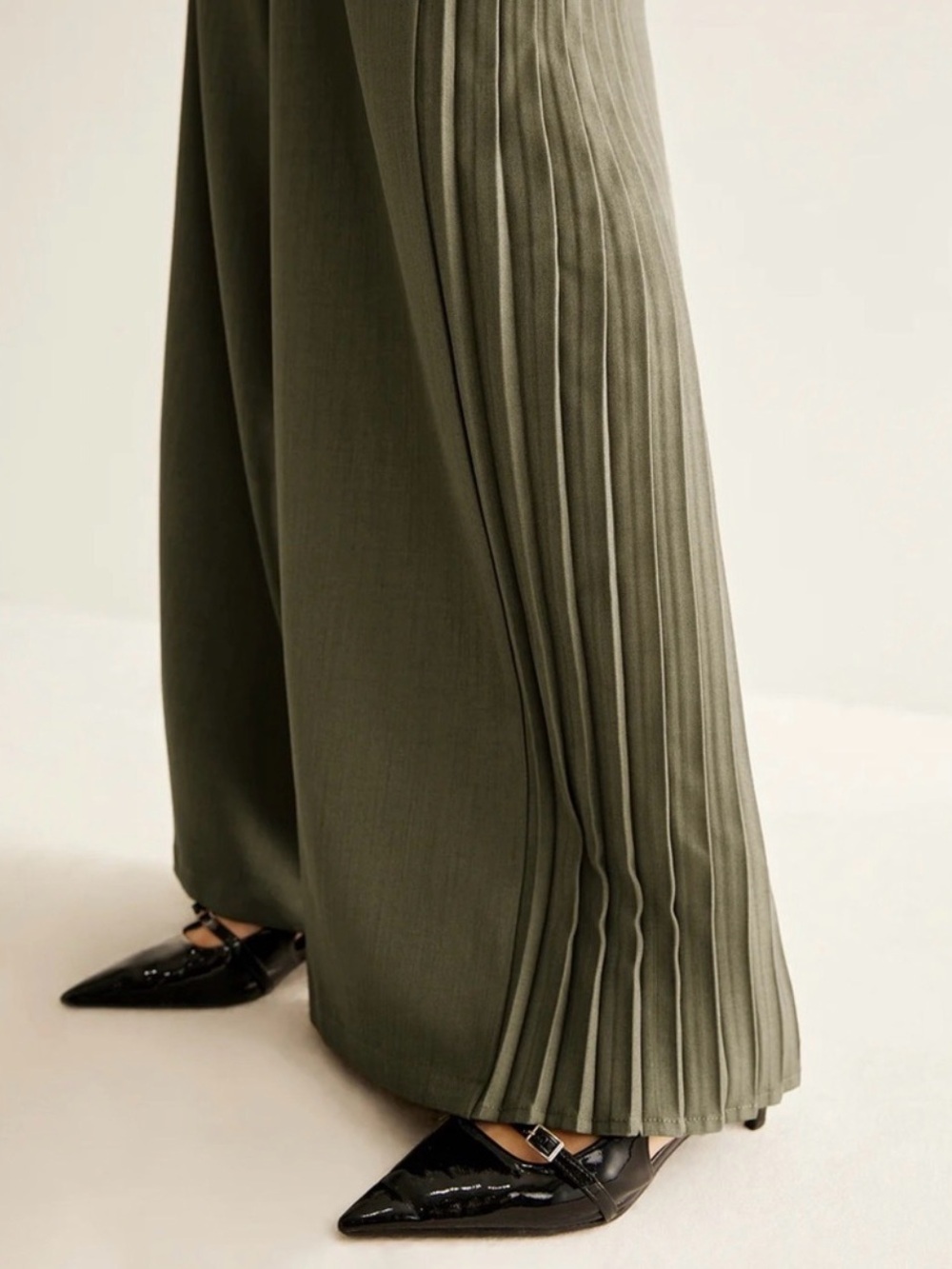 Commense Side Pleated Wide Leg Army Green Pants